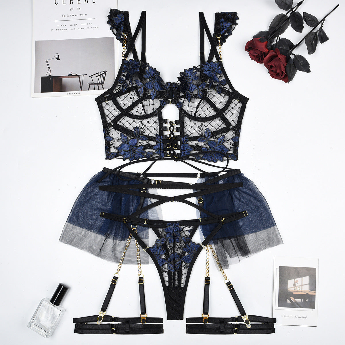 Katarina Chain & Lace Garter & Bustier Set